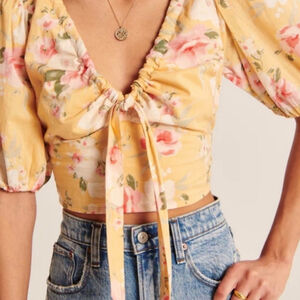 Abercrombie & Fitch Floral Cropped Puff Sleeve Tie Front Gauzy Top Sz Small